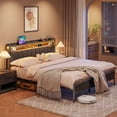 thumbnail image 2 of Walsunny Queen Bed Frame with Led Light, Metal Platform Bed with Charging Station and Linen Fabric Storage Headboard, Strong Metal Slats, 2 of 9