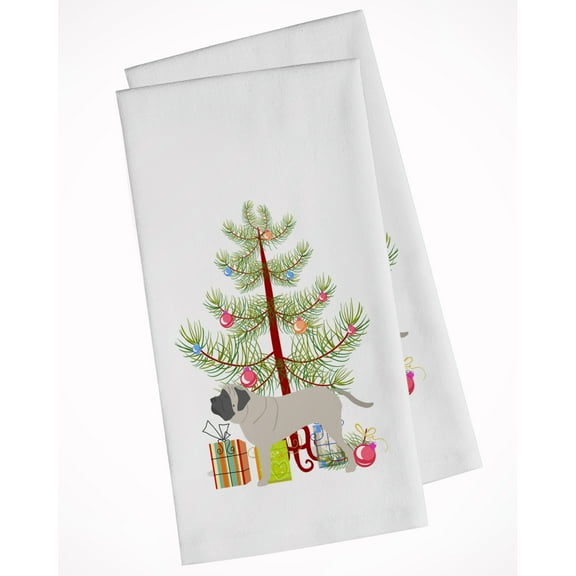 English Mastiff Merry Christmas Tree White Kitchen Towel Set of 2 Dish Towels