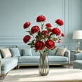 thumbnail image 5 of 7 Bundles 3-Heads Faux Silk Peony Flowers Realistic Fake Floral Stems Home Wedding Table Centerpiece Vase Decor,Red, 5 of 6