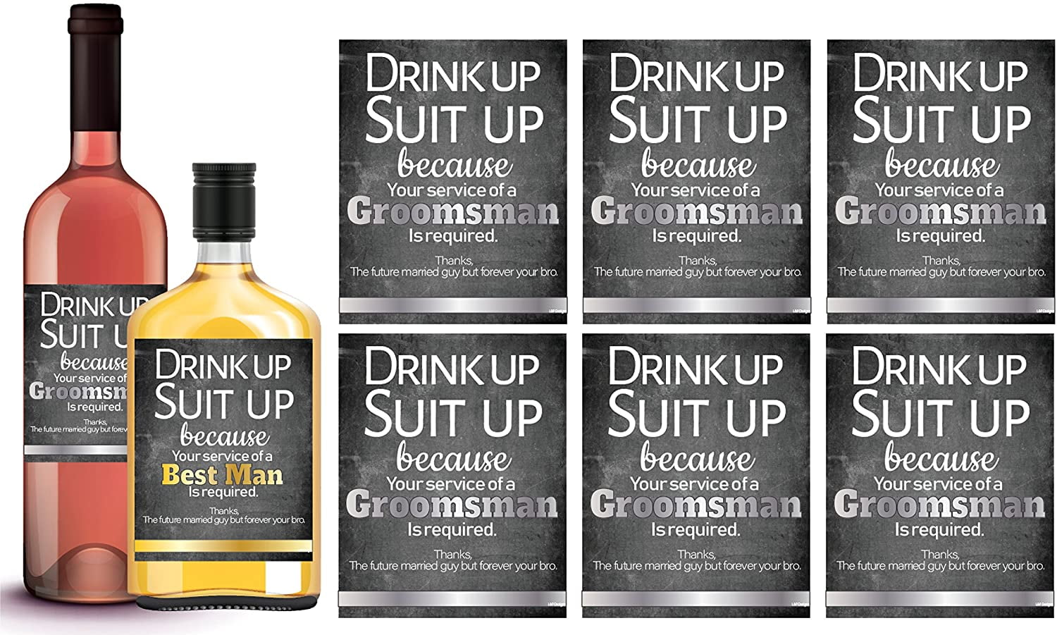 Suit Up Groomsmen Proposal Gold and Silver Foil Stamped Bottle Stickers 7pc
