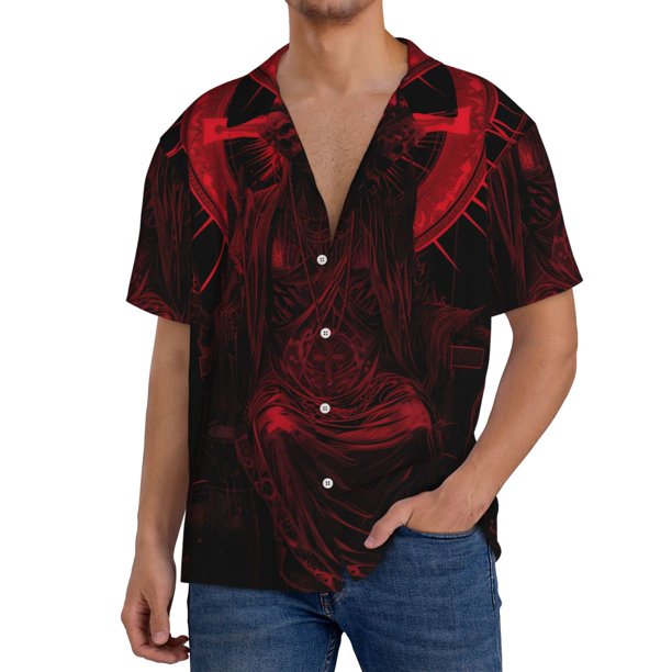 Fotbe Red Gothic Skeleton Throne Camisa Estampada de Manga Corta para Hombre, Casual de Verano, Estilo Playero, Sin Arrugas-4X-Large