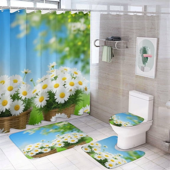 Basket of Daisies in Spring Garden Shower Curtain Sets Non-Slip Rugs Bath Mat Toilet Cover U Shaped Mat 4 Pcs