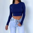 thumbnail image 1 of Camiseta Top de manga larga expuesto al ombligo, corte ajustado, Top básico liso para mujer, atuendo informal diario Cgtredaw Azul T L para Mujer, 1 of 6