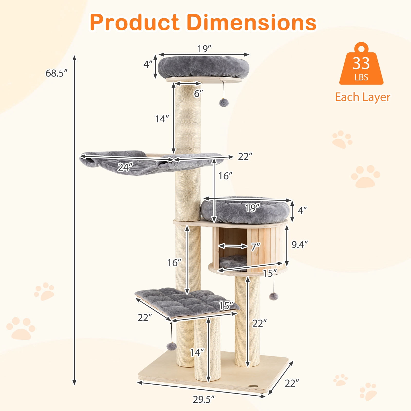 Gymax 68.5'' Cat Tree Condo 4-Layer Wooden Kitten Activity Tower w/ Sisal Posts
