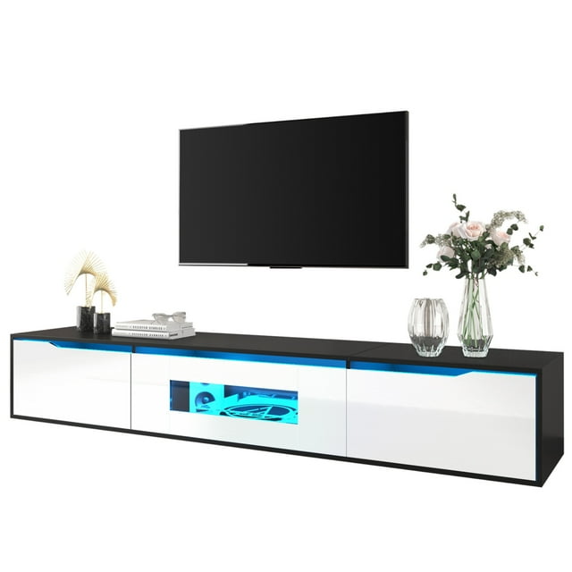 Deiokin Meuble Télé de 71 Pouces à Fini Très Lustré avec Lumières DEL, Console Multimédia Moderne avec Portes Ajourées, Éclairage RVB 16 Couleurs