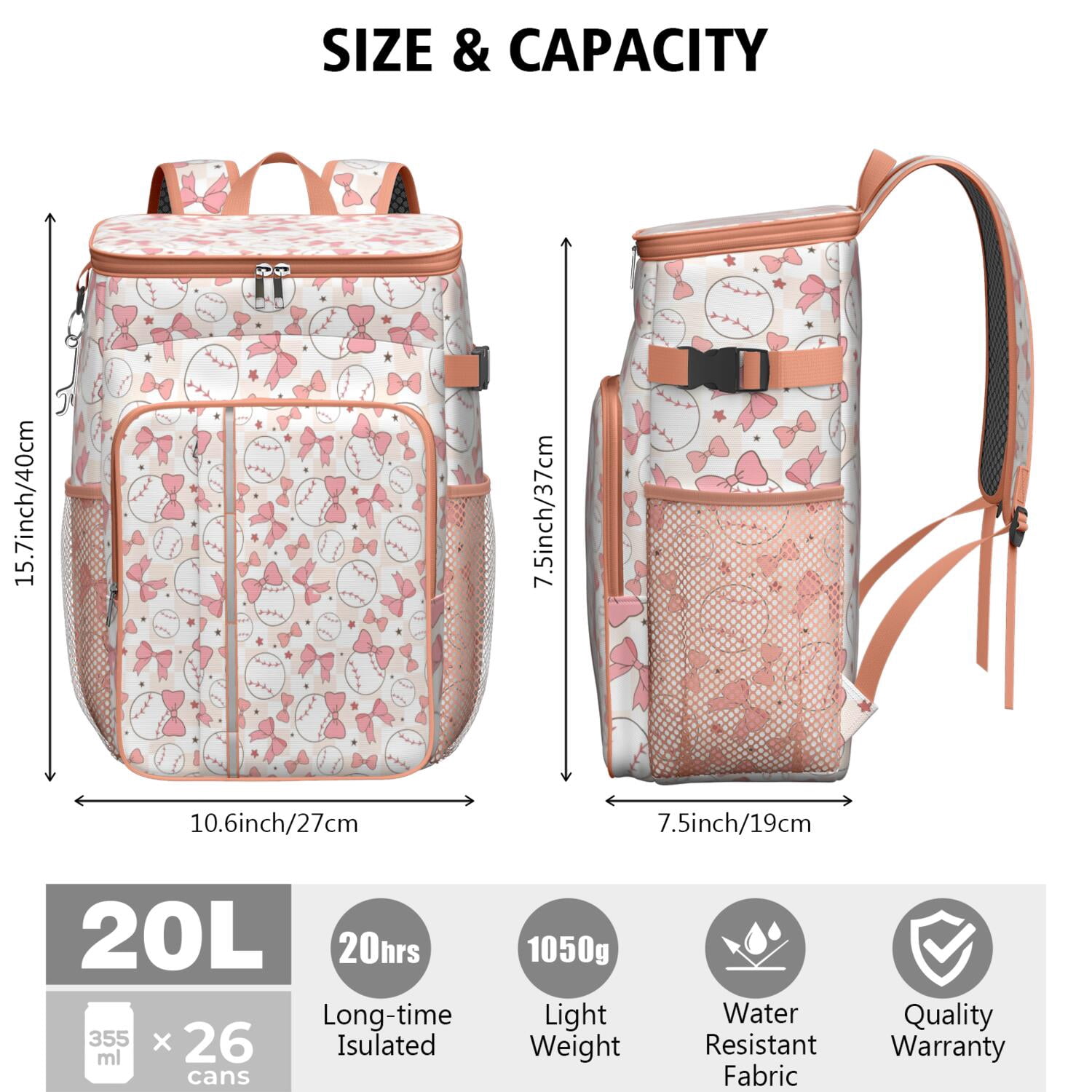 Travel Cooler Bag - Pink Baseballs with Bows Pattern Camping Beer Cooler Backpack with Bottle Opener- Waterproof Insulated Picnic Backpacks - Cooler Bag for Beach