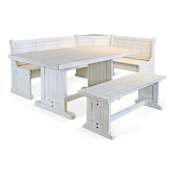 Pemberly Row 4Pc Wood Corner Dining Set with Reversible Benches - White