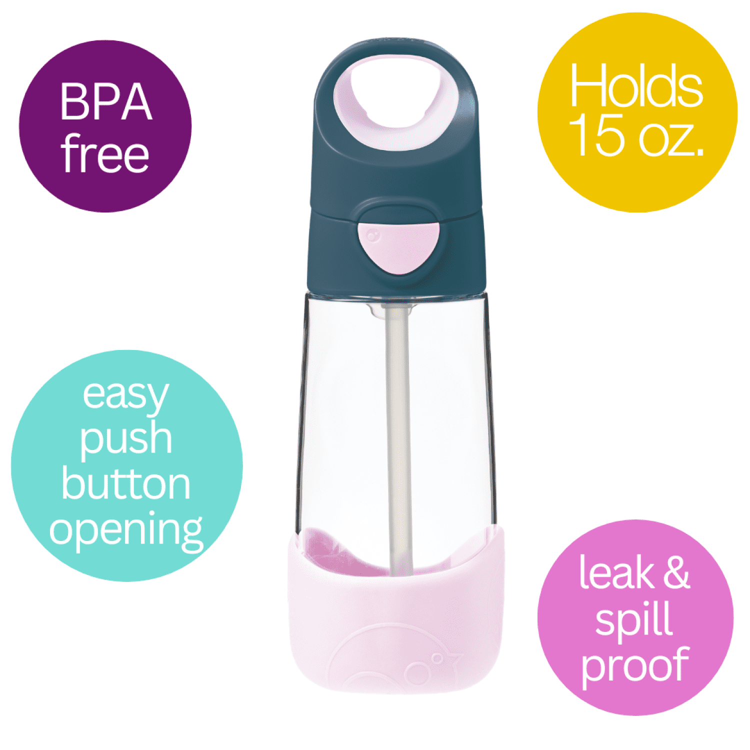 b.box 15 oz Tritan Drink Bottle: Kids Water Bottle w/ Straw & Lid for School, Travel, Daycare. Spill & Leak Proof. Easy Grip Triangle Shape. BPA Free, Dishwasher Safe.