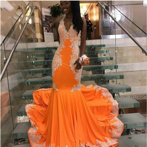 Orange Halter Long Mermaid Prom Dresses Lace Appliques Open Back Black Girl Formal Evening Party Gowns Custom Made Plus SizeCustom Size Gao Jinjia LED