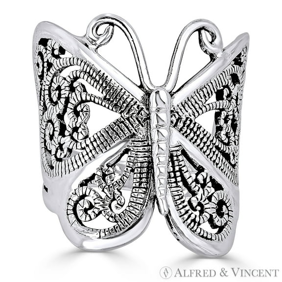 Butterfly Animal Charm Filigree-Detailed Ring in Oxidized .925 Sterling Silver