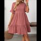 thumbnail image 5 of Vestido Midi Holgado de Corte A, con Mangas Abullonadas, Cuello Redondo y Cintura Alta, Fruncido, para Mujer, Verano 2025, Color Polvo de Pasta de Frijoles, Talla L, 5 of 10