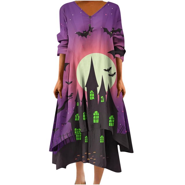 Dress for Women,Casual Dress for Women,Womens Casual Halloween Print Loose Button Hem Irregular V-Neck Dress,Halloween Dress for Women,Sexy Summer Dress for Women