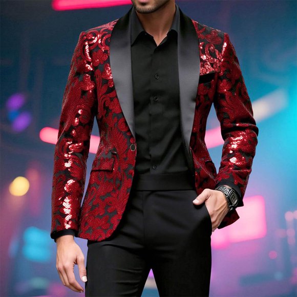 Pisexur Jackets for Men Comfortable Coats for Men Sequin Performance Ceremonial Dress Party Suit Red,S