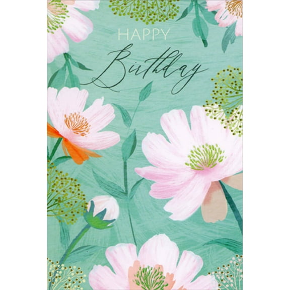 Pictura Soft Pink Flowers on Turquoise Birthday Card