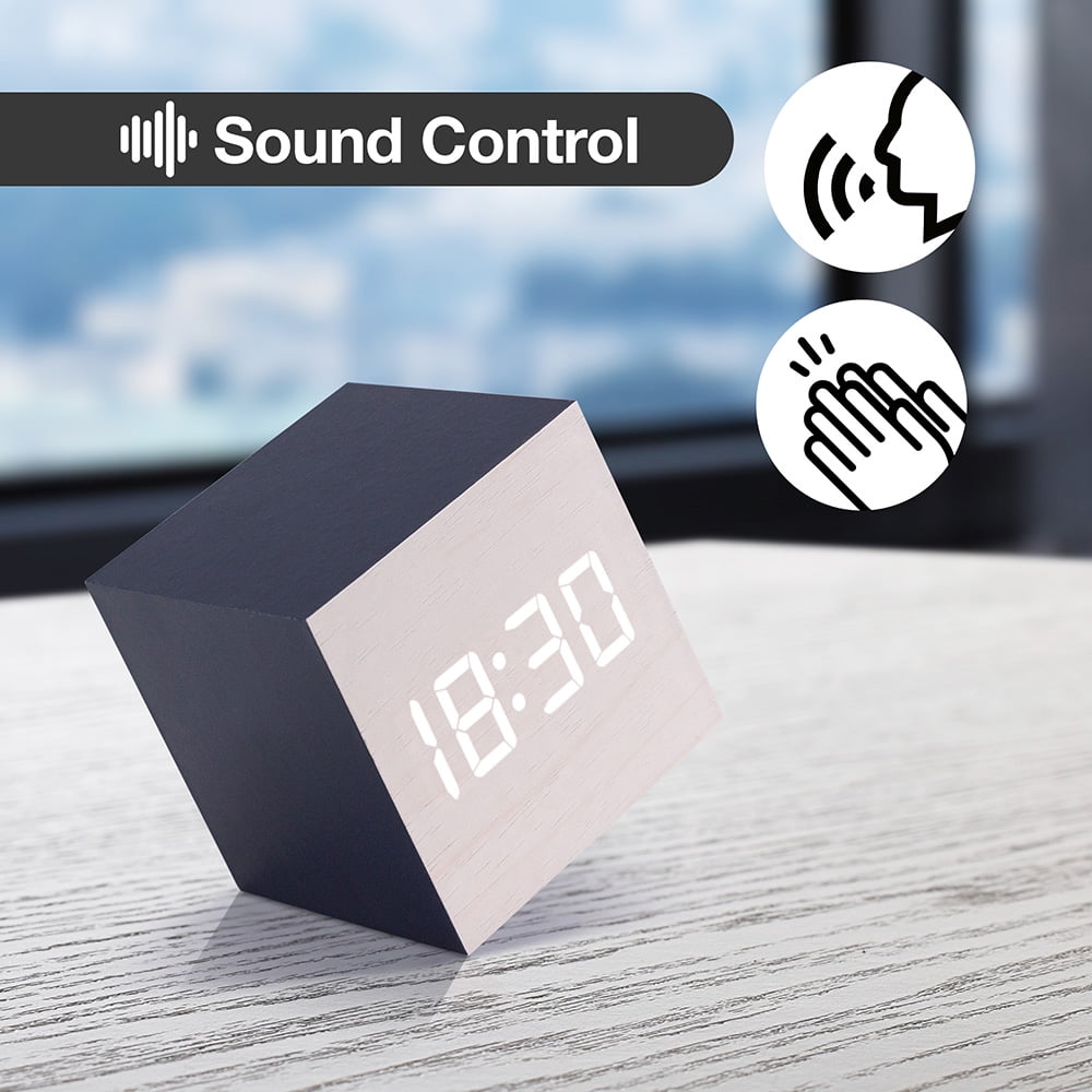 Ultra Modern Wooden LED Clock Square Cube Alarm Thermometer Timer Calendar Updated 2016 Brighter Stylish Wood Clock-White Blue