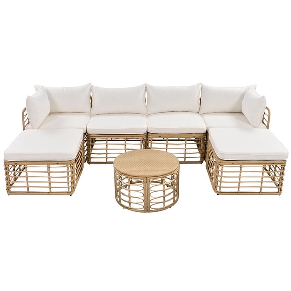 Topcobe 7 Pieces Rattan Sectional Sofa Set with Thick Cushions and Pillows, All-Weather Outdoor Patio Furniture for Garden, Backyard, Balcony, Beige