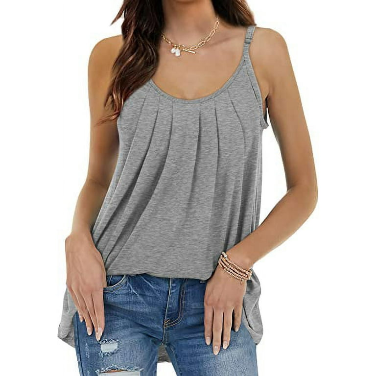 Women's Pleated Adjustable Strap Tank Tops - Casual Sleeveless Beach  Camisoles with Loose Fit 