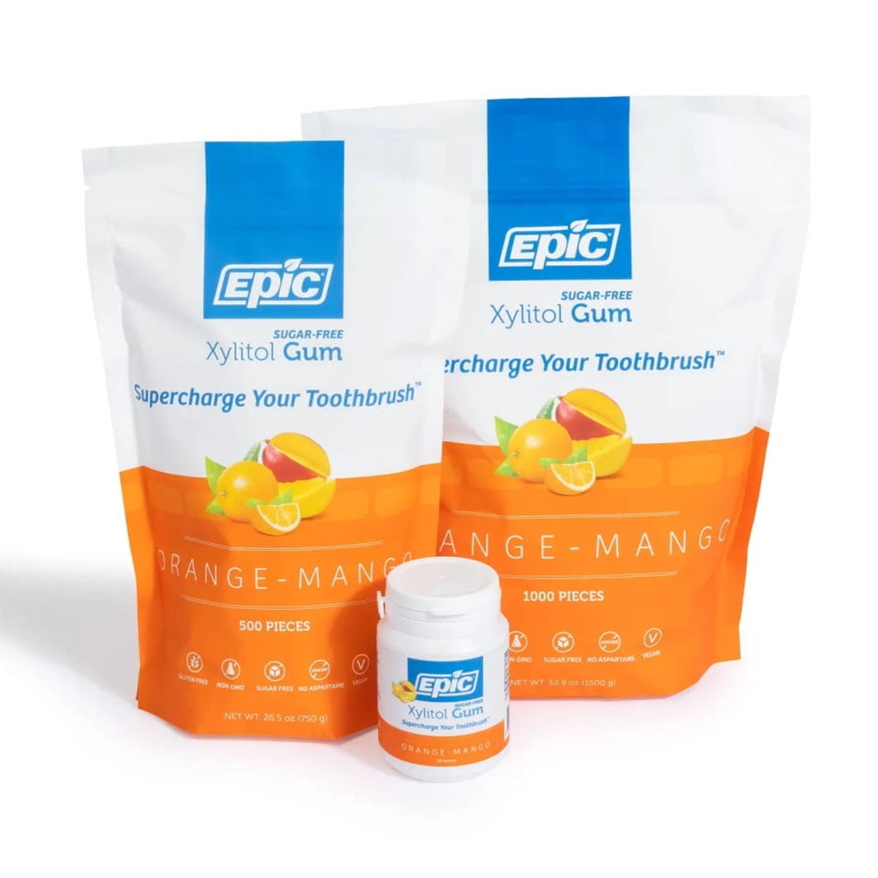 Epic Xylitol Chewing Gum - Sugar Free & Aspartame Free Chewing Gum Sweetened w/Xylitol for Dry Mouth & Gum Health (Orange-Mango, 50-Piece Bottle, 3 Bottles)