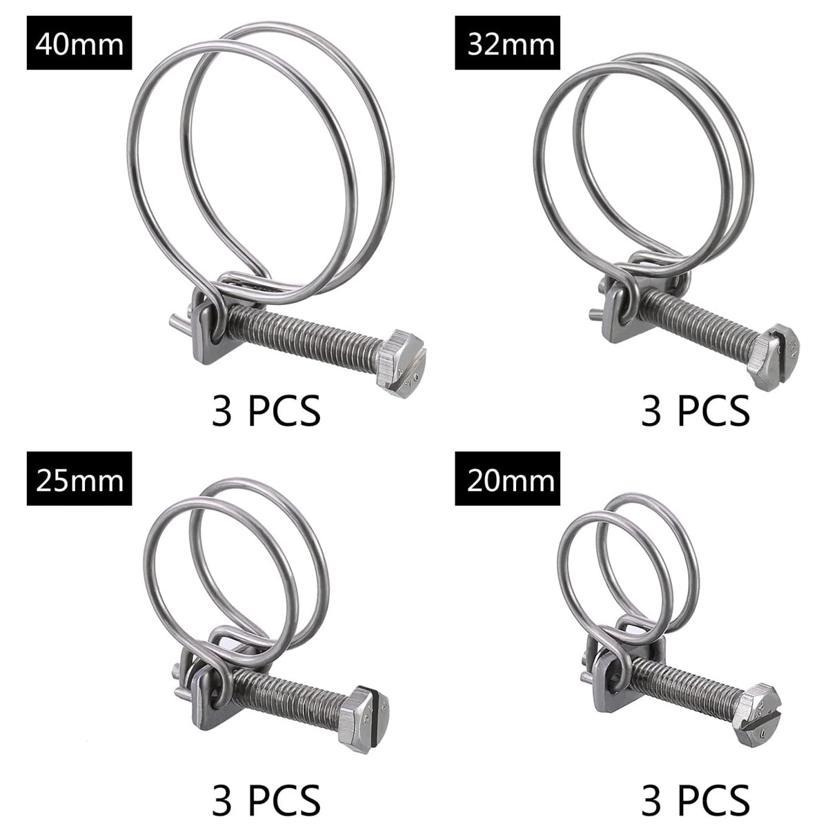 Pack of 3 Double Wire Easy Hose Clips 