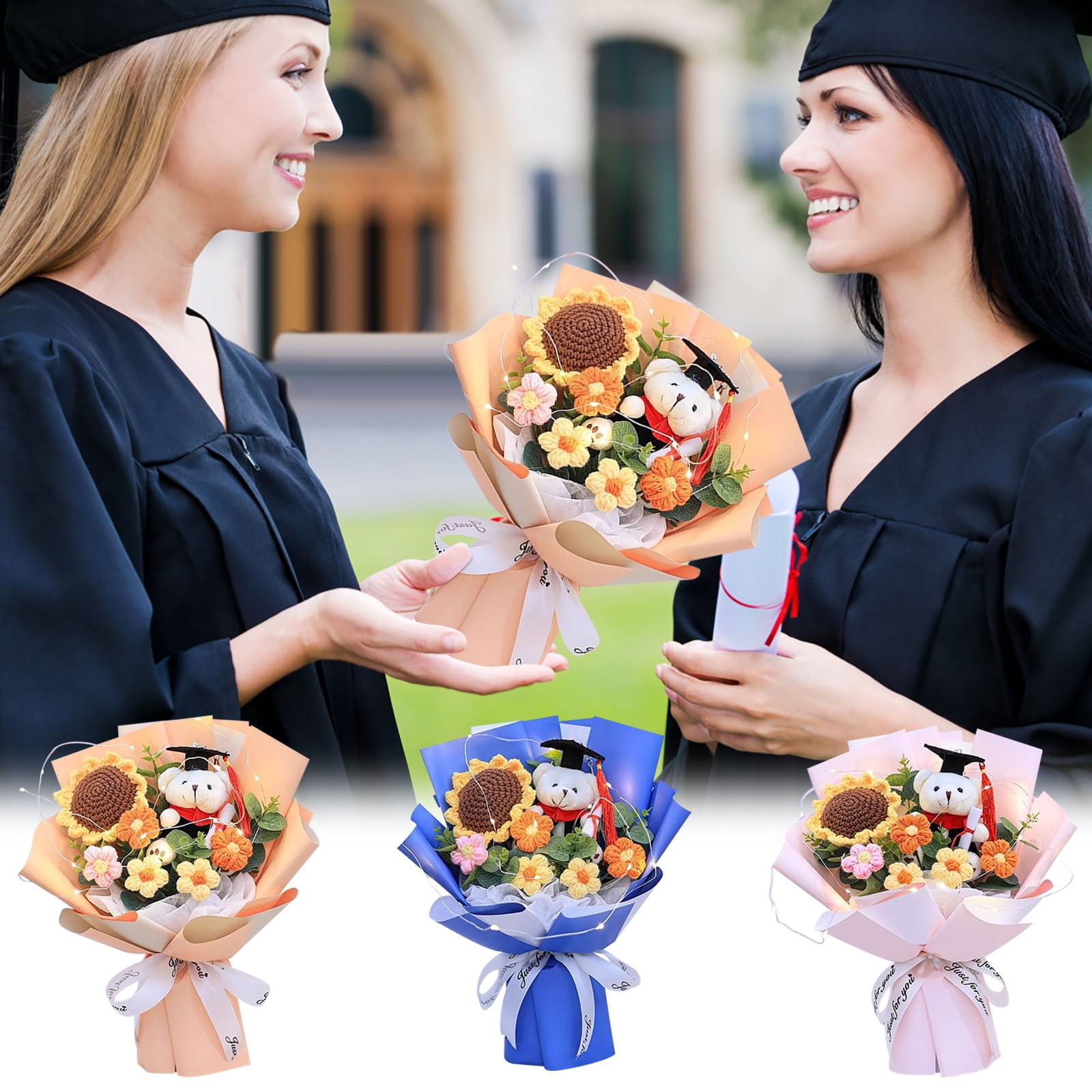 Zhourta Graduation Plush Flower Bouquet Knitted Bear PhD Teddy with Faux Sunflower Gift for Graduates Valentine's Day and Anniversary