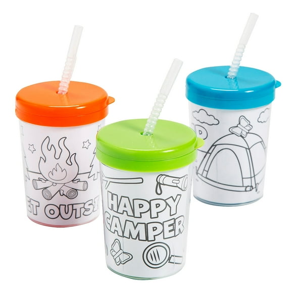 Fun Express 3 3/4" 6 oz. Color Your Own Camp Cups with Lids & Straws - 12 Pieces