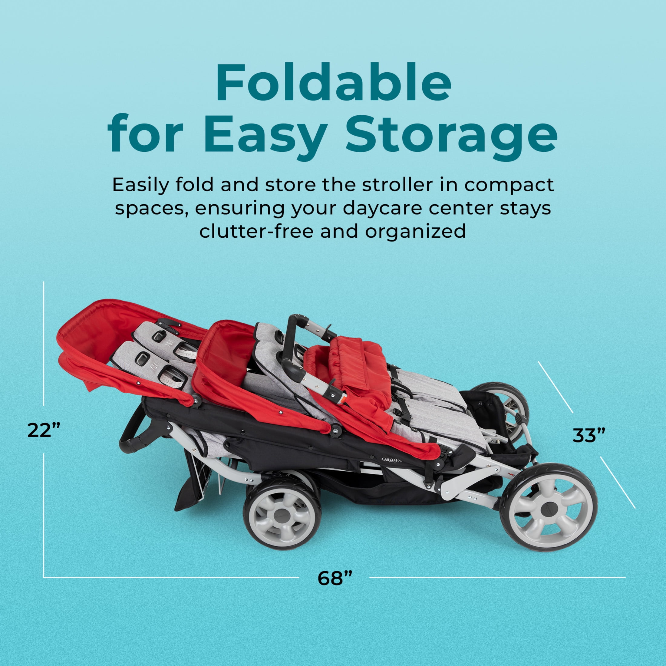 Foundations Gaggle Jamboree 6-Seat Folding Daycare Stroller with Canopies, Reclining Seats, Red/Black