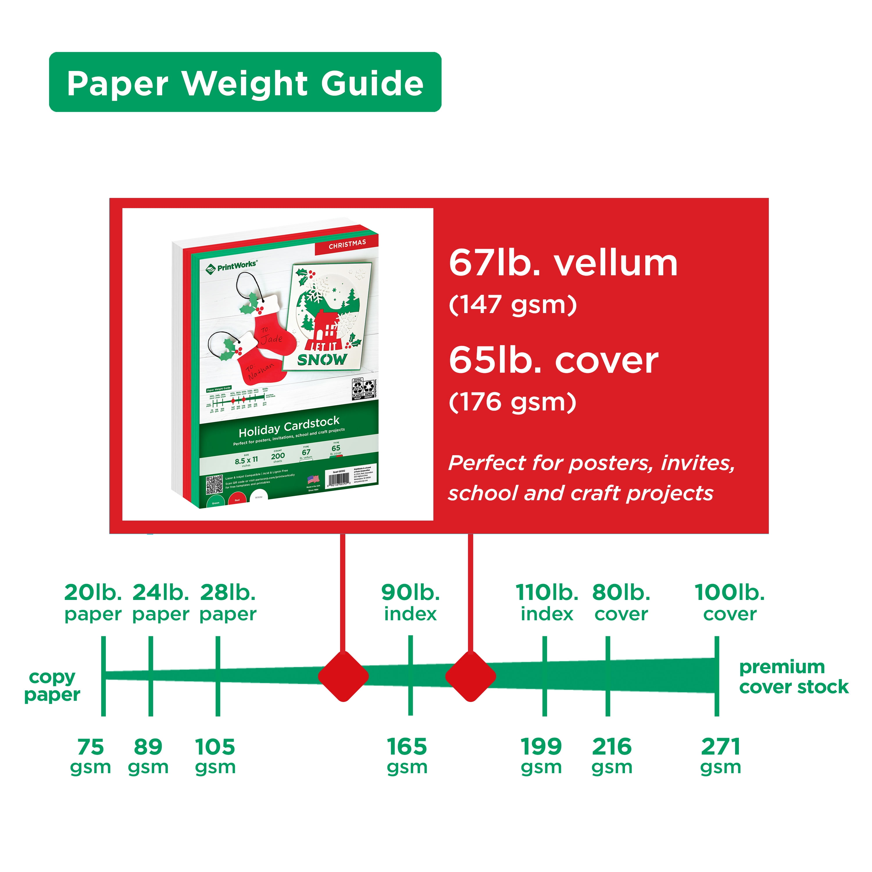 Printworks Holiday Cardstock, Red, White & Green, 8.5 x 11, 200 Sheets