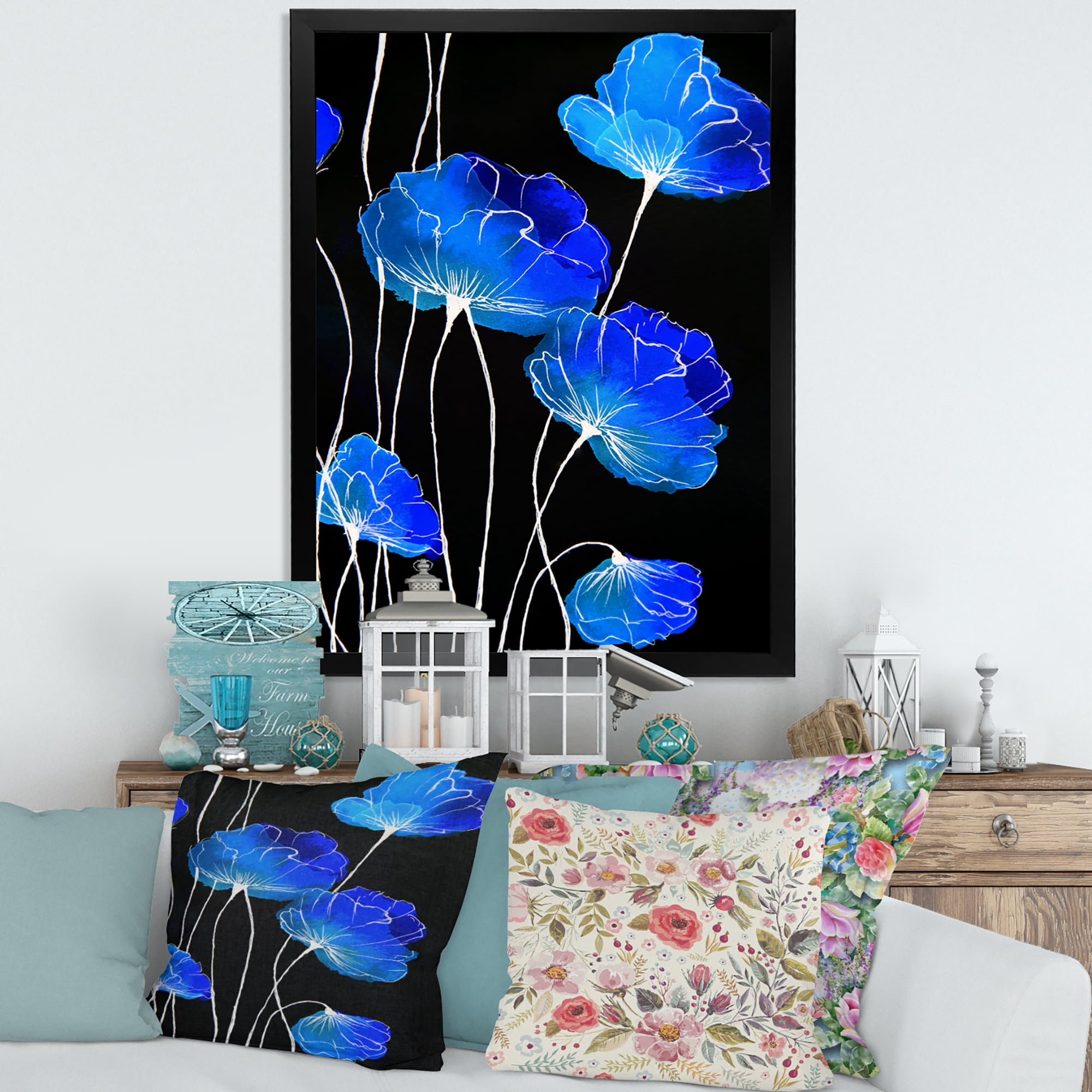 Designart 'Detail of Blue Flowers On Black Background II' Traditional Framed Art Print