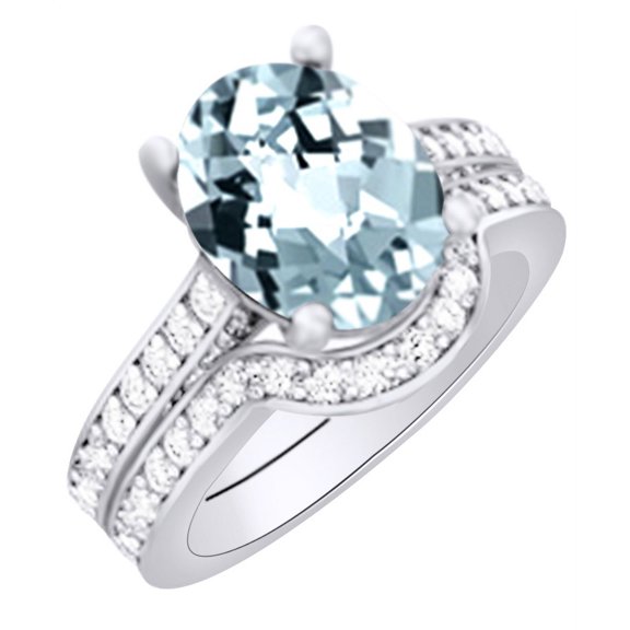 AFFY (3.14 cttw) Simulated Blue Aquamarine & White Natural Diamond Engagement & Wedding Ring Set In 14k White Gold With Ring Size 4