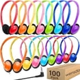 thumbnail image 1 of Paquete de 100 auriculares a granel para niños en el aula escolar, venta al por mayor con cable ajustable en la oreja, juego de clase para estudiantes, niños, adolescentes, niños, niñas y adultos (HY1, 1 of 5