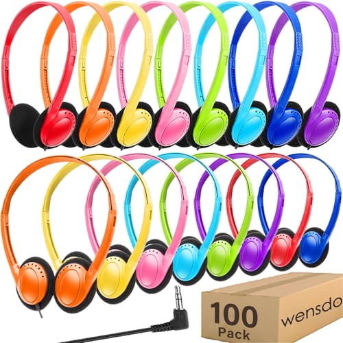 Paquete de 100 auriculares a granel para niños en el aula escolar, venta al por mayor con cable ajustable en la oreja, juego de clase para estudiantes, niños, adolescentes, niños, niñas y adultos (HY1