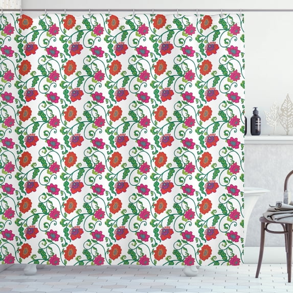 Floral Shower Curtain, Romantic Blooming Spring Flowers with Ornamental Swirled Branches and Foliage Leaves, Fabric Bathroom Set with Hooks, 69W X 84L Inches Extra Long, Multicolor, by Ambesonne