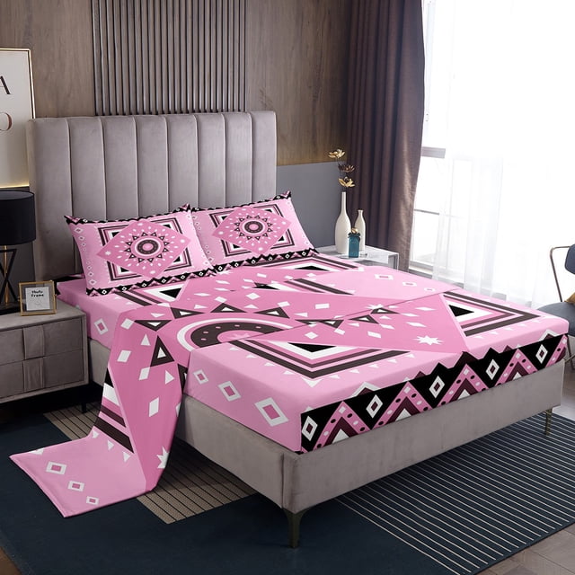 Erosebridal Retro Aztec Sheet Set Twin, Boho Bedding Sets Twin Size, Black Pink, 3pcs
