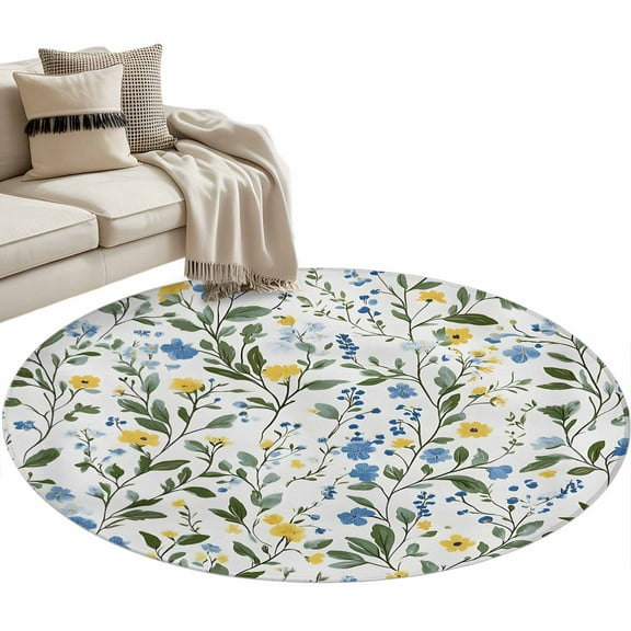 Blue Yellow Spring Floral Round Area Rug 4 FT, Non Slip Indoor Outdoor Rug, Summer Elegant Botanical Green Washable Soft Circular Carpet Non-Shedding Floor Mat for Coffee Table Nursery Foyer Balcony