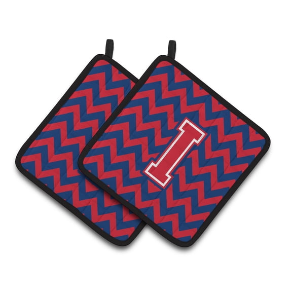 Letter I Chevron Yale Blue and Crimson Pair of Pot Holders