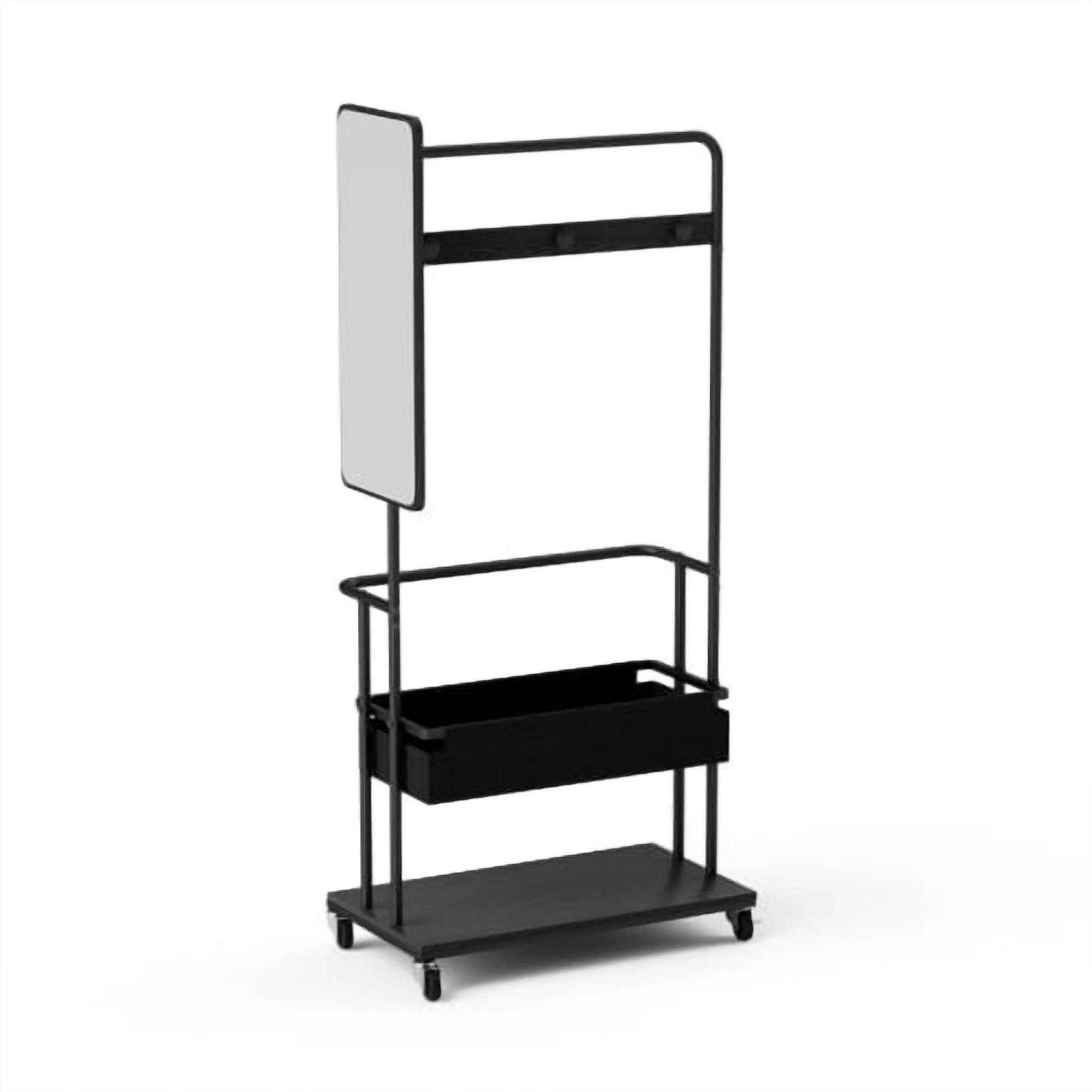 3-in-1 Metal Coat Rack with Casters, Rolling Garment Rack with Mirror & Storage Basket, Heavy Duty Hanging Clothes Rack on Wheels, Black