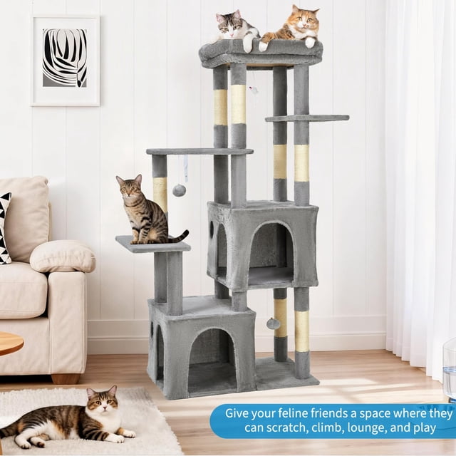 Yeshouse Árbol para gatos de 155 cm, varios niveles, ideal para gatos grandes y Maine Coon, con percha gigante, 2 compartimentos, postes rascadores de sisal y pelotas colgantes