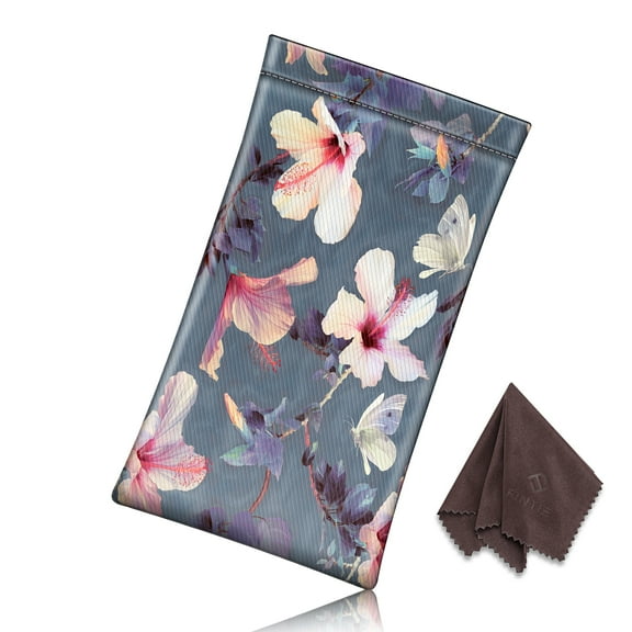 Fintie Squeeze Top Eyeglasses Pouch with Cleaning Cloth, Leather Soft Glasses Case Anti-Scratch Sunglasses Bag, Blooming Hibiscus