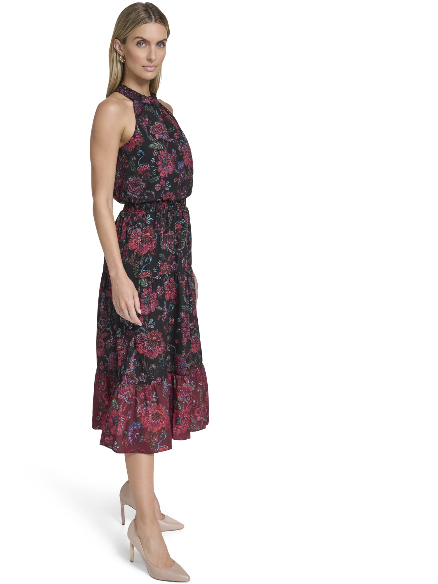 Falling Flowers Women's Ruffle Neck Midi Dress, Sizes XS-XL