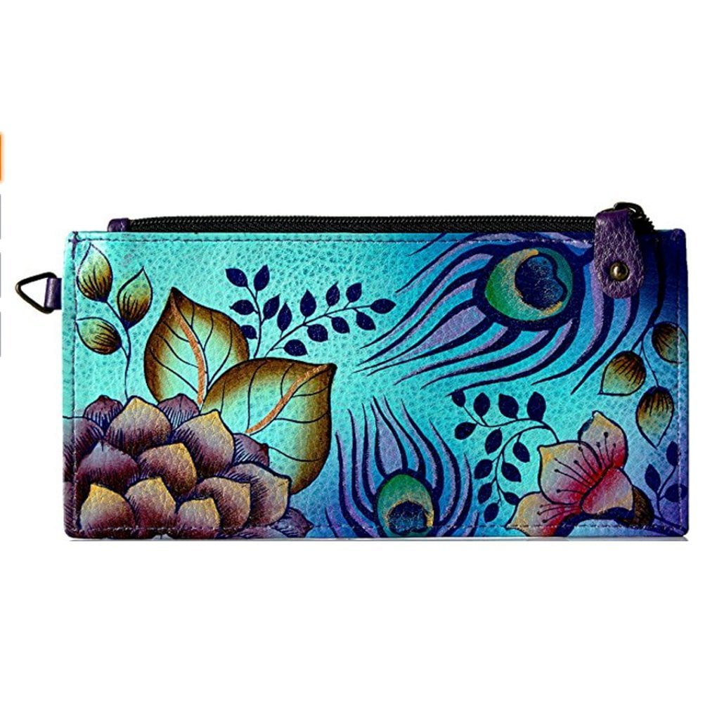 Key Fob Midnight Peacock Grey Anna by Anuschka Leather Leather Card Holder Wallet ID Window Hand Painted Original Artwork Credit Cards Case 