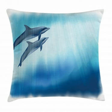 Dolphin Throw Pillow Cushion Cover, Underwater Scene with Two Ocean Mammals in Watercolor Style Swimming Image, Decorative Square Accent Pillow Case, 18 X 18 Inches, Dark Blue Pale Blue, by Ambesonne