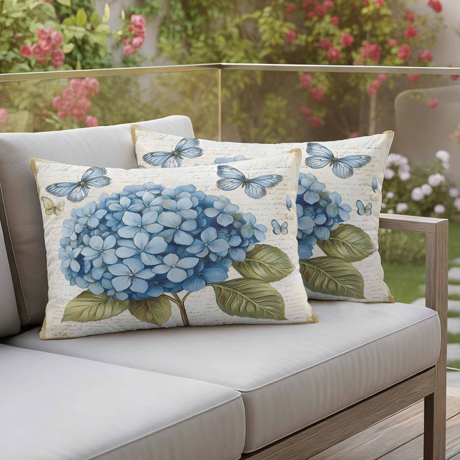 Blue Hydrangea Outdoor Waterproof Pillow Covers, Spring Vintage Botanical Butterfly Decorative Rectangle Throw Pillowcase Sofa Cushion Sham for Patio/Couch/Chair, 20"x12" 2 Pack