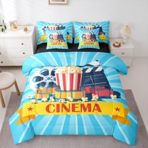 Manfei Teens Cinema Trictet Twin Bedding Sets 7-Piece, Filmstrip Movie Night Bedding Comforter Set, Retro Theater Popcorn Reversible Sheet Sets, Luxury Bedroom Decor