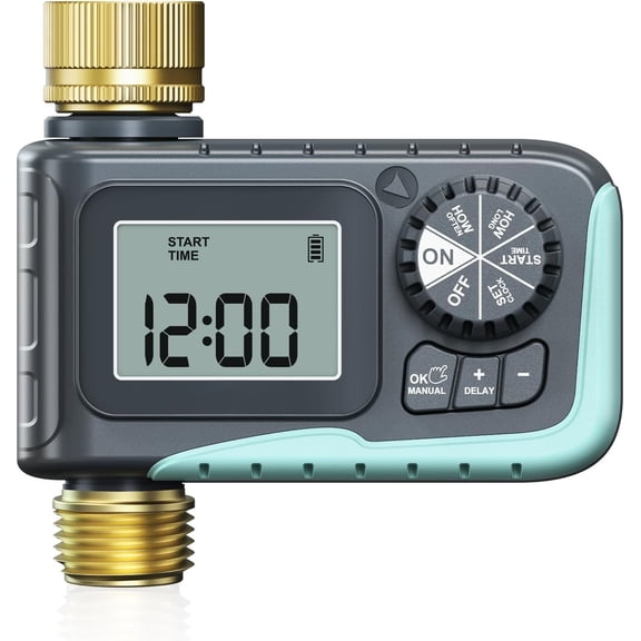 Sprinkler Timer with Brass Inlet & Outlet, Programmable Hose Timer for Garden Soaker Hose, Watering Timer with Rain Delay/Manual Watering System, Digital Drip Irrigation for Yard, Lawn