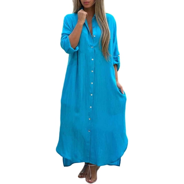 Kcodviy Chemise-Robe Unie pour Femmes Robes Mignonnes pour Femmes Hiver Jupe Longue Décontractée Longue Robe Décontractée Manche Cardigan Robe