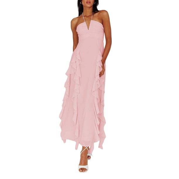 Lucakuins Vestido largo halter sin mangas con volantes y fruncido de gasa para mujer, vestido de vacaciones en la playa Lucakuins moda