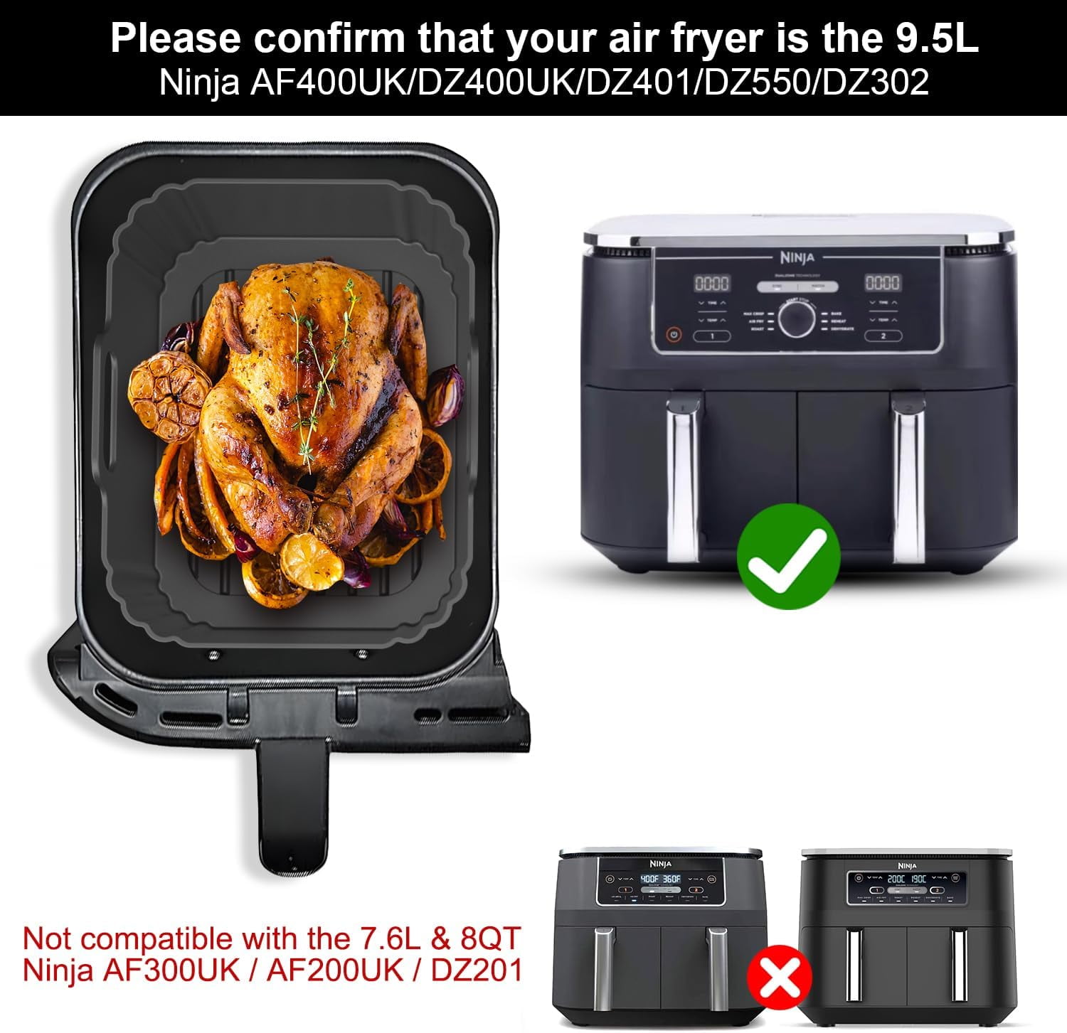 JJEAN-10QT Large Thickened Silicone Air Fryer Liners 2 Pack for Ninja Foodi Dual Zone DZ550 DZ401 DZ550GY DZ302, Reusable 2-Basket Trays, 6-in-1 DualZone Airfyer Accessories