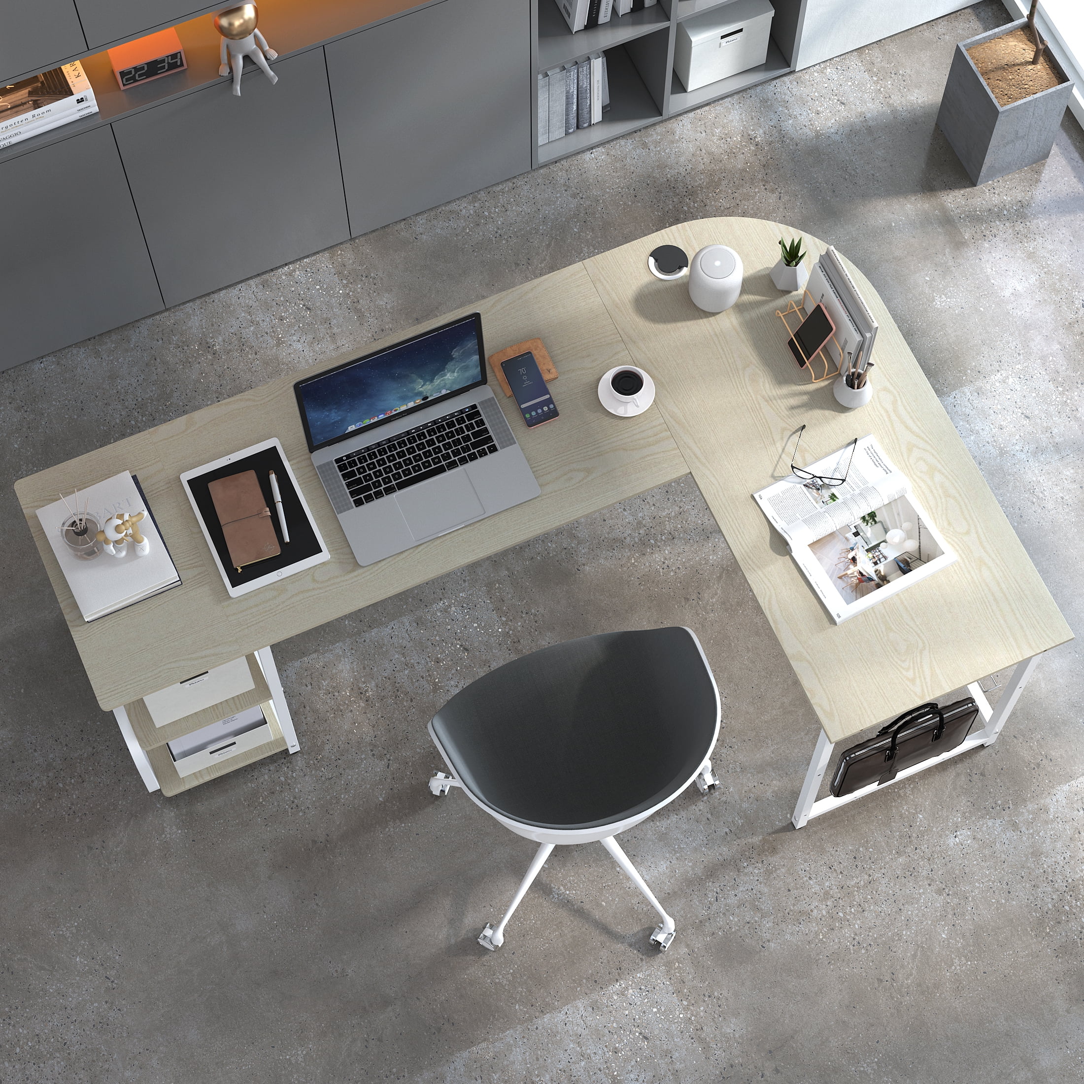 GEZEN 70" L Shape Computer Desk with 2-tier Bookshelf Storage, Home Office Corner Computer Table with Hooks, Beige