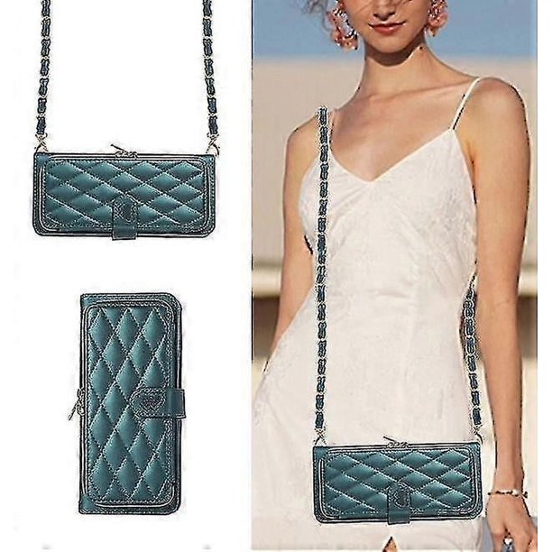 Funda de cuero con cordón y cremallera para Samsung Galaxy Z Fold 5, compatible con Samsung Galaxy Z Fold 5, funda de lujo con función atril y cordón para la muñeca, color verde