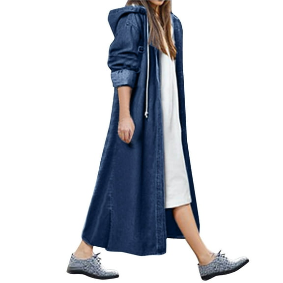 Tiqkatyck Jackets for Women Hooded Outerwear Long Casual Denim Women Long Overcoat Jacket Coat Jean Sleeve Women's Long Denim Jacket for Women, Dark Blue Jean Jacket Women L